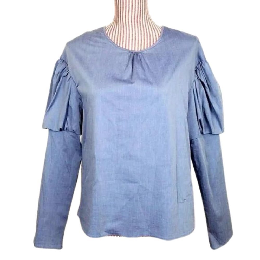 DREW Women's Chambray Denim Top with Puff Long Statement Sleeves Brand New Small
